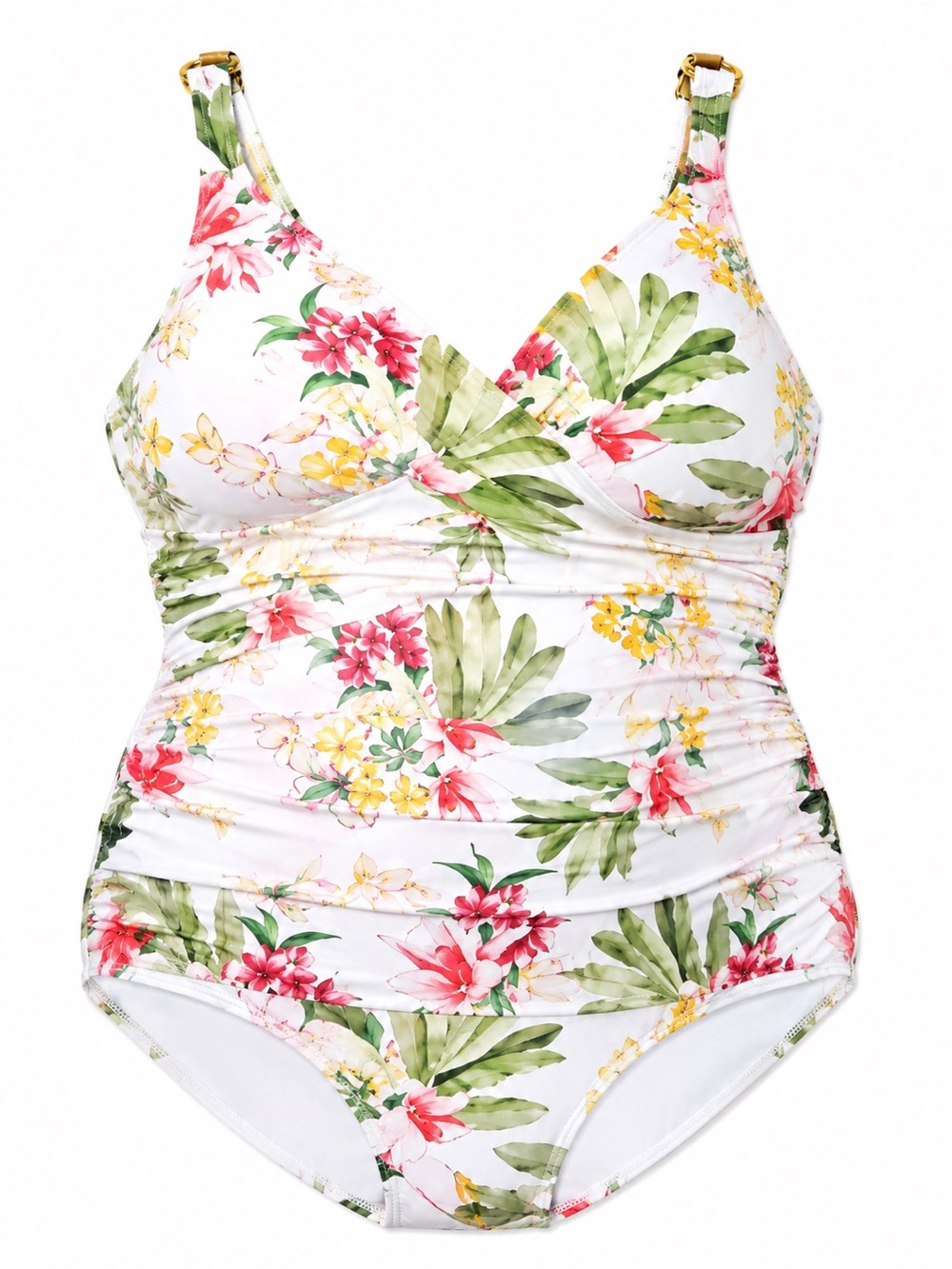 Plus Size Jantzen Floral Swimsuit in White with Green & Pink